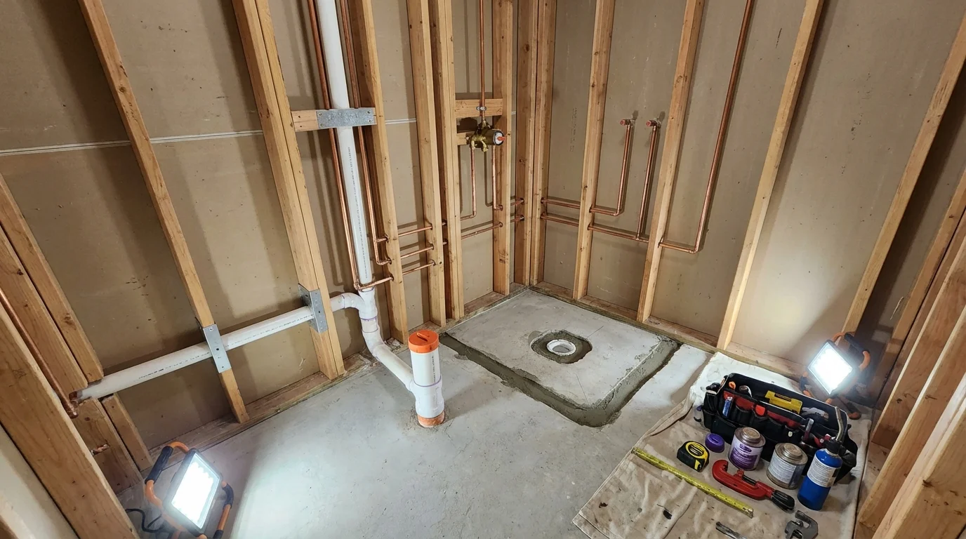 Bathroom rough-in plumbing during remodel by Johns Plumbing LLC in Poteau