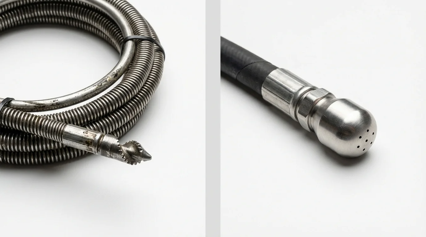 Drain snake cable and hydro jetting nozzle used for drain cleaning in Poteau, OK