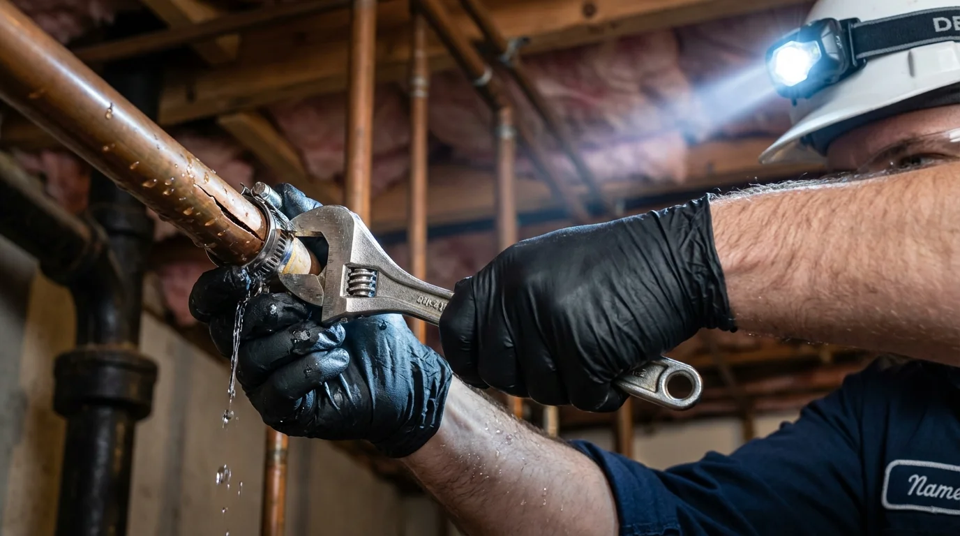 Emergency pipe clamp repair being performed by a Johns Plumbing LLC plumber in Poteau