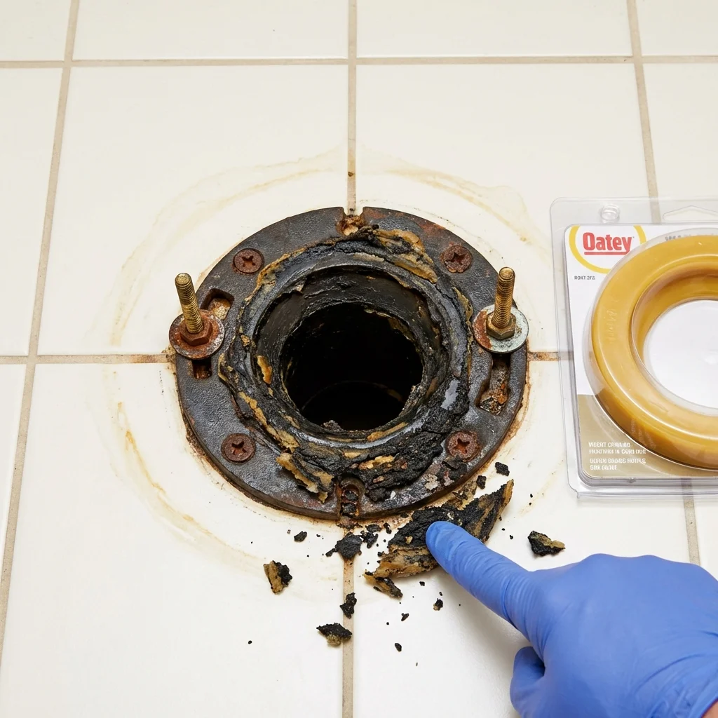 Failed wax ring showing water seepage at the base of a toilet in a Poteau, OK home