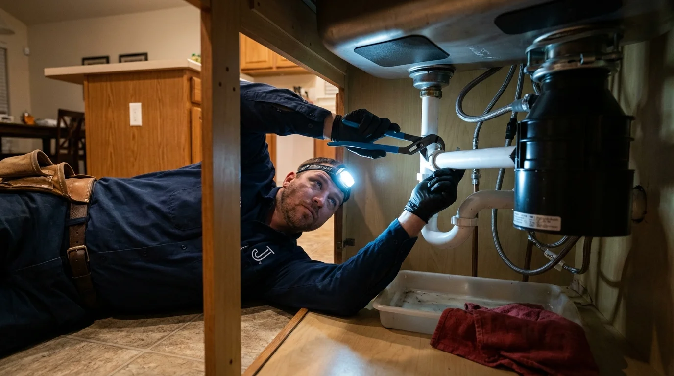 P-trap and supply line connections under a kitchen sink showing a common leak point in Poteau, OK